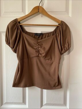Vibe Chocolate Brown Ribbed Puff Sleeve Top Sweetheart Neck Stretch XL